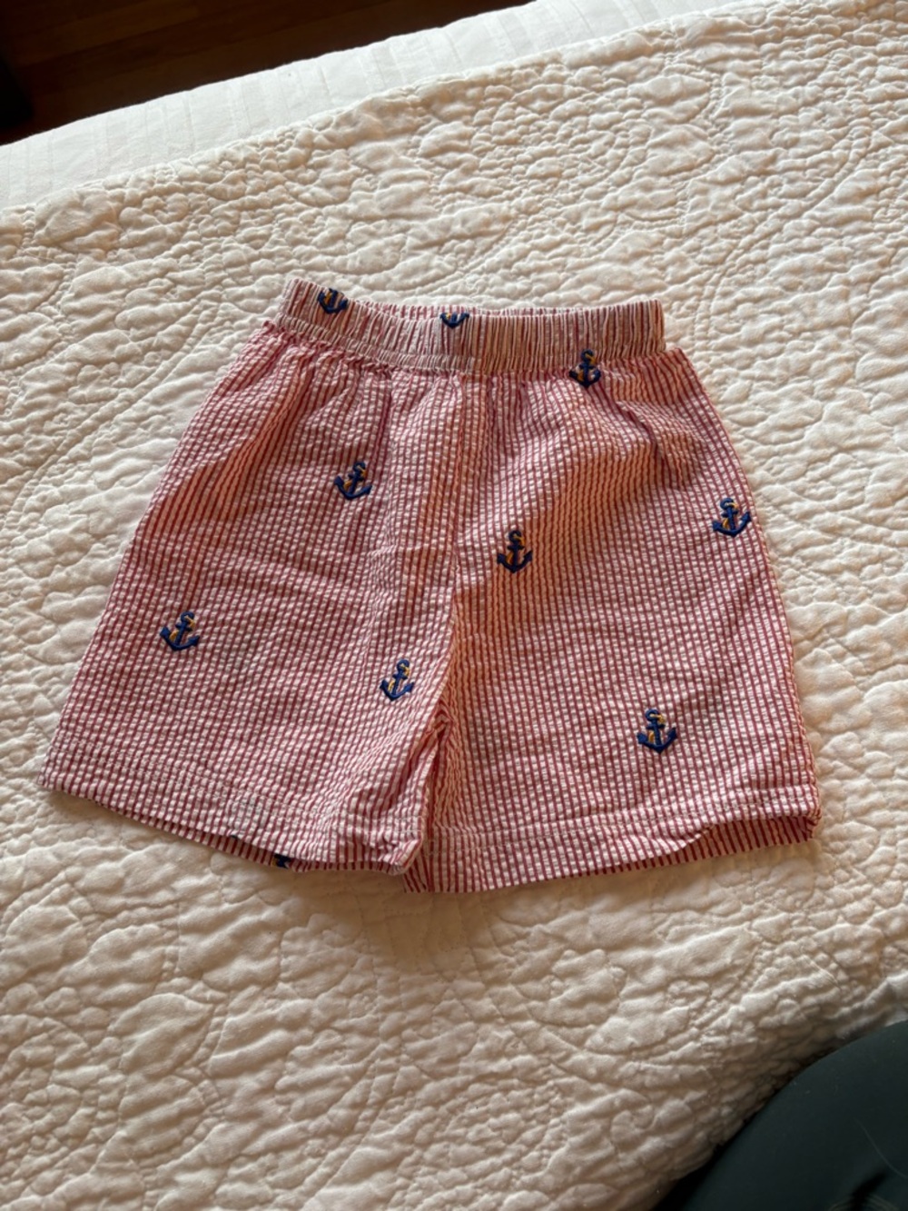 Toddler Red Seersucker Anchor Embroidered Shorts